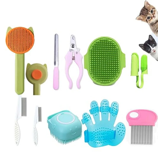 10PCS Cat Dog Grooming Kit Self-Cleaning Brush Removes Loose Hair Pet Bath Brush Massage Glove Nail Clipper Flea Comb