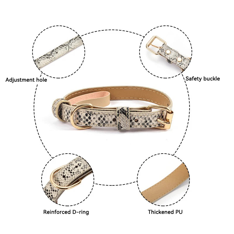 Adjustable metal buckle PU fabric dog/cat collar with snake/leopard pattern Suitable for small/medium-sized dogs