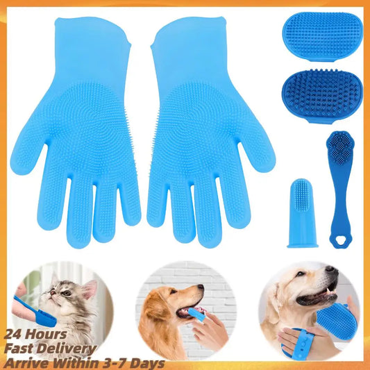 6PCS Pet Grooming Kit Silicone Dog Bath Brush Dog Toothbrush Finger Dog Bath Gloves Pet Grooming Gloves Dog Cat Bath Supplies