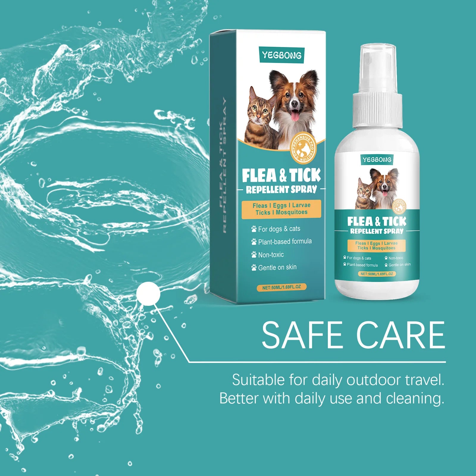 YEGBONG 50ML Pet Flea Control Spray for Dogs Cats Safe Daily Use Cleansing Repellent Anti External Veterinary Approved Formula
