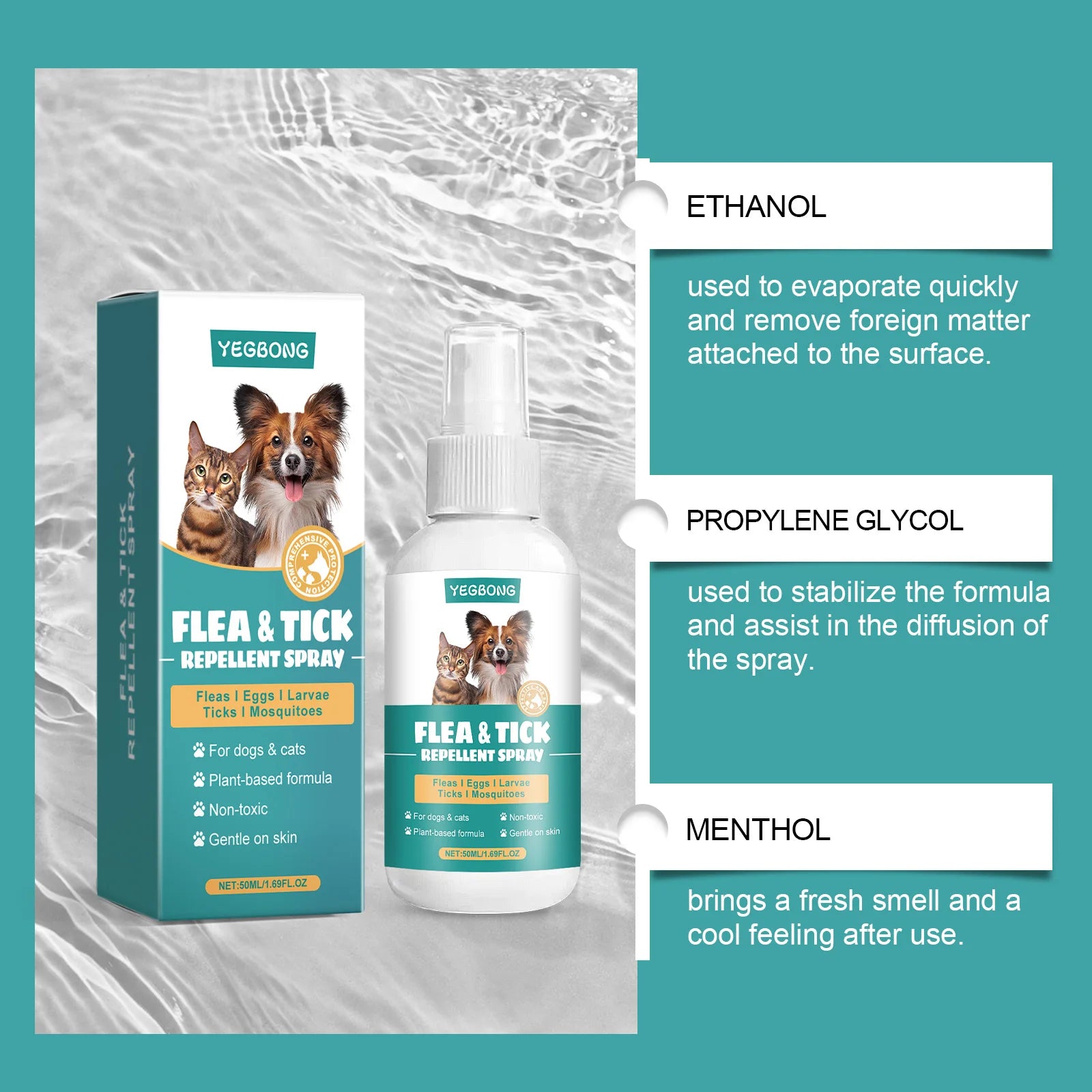 YEGBONG 50ML Pet Flea Control Spray for Dogs Cats Safe Daily Use Cleansing Repellent Anti External Veterinary Approved Formula